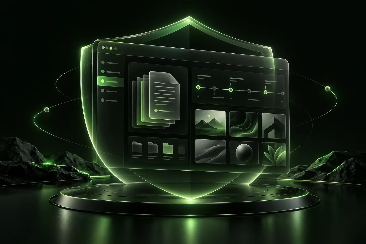 Espacio digital privado con documentos, una línea de progreso y una galería protegidos por un contorno verde
